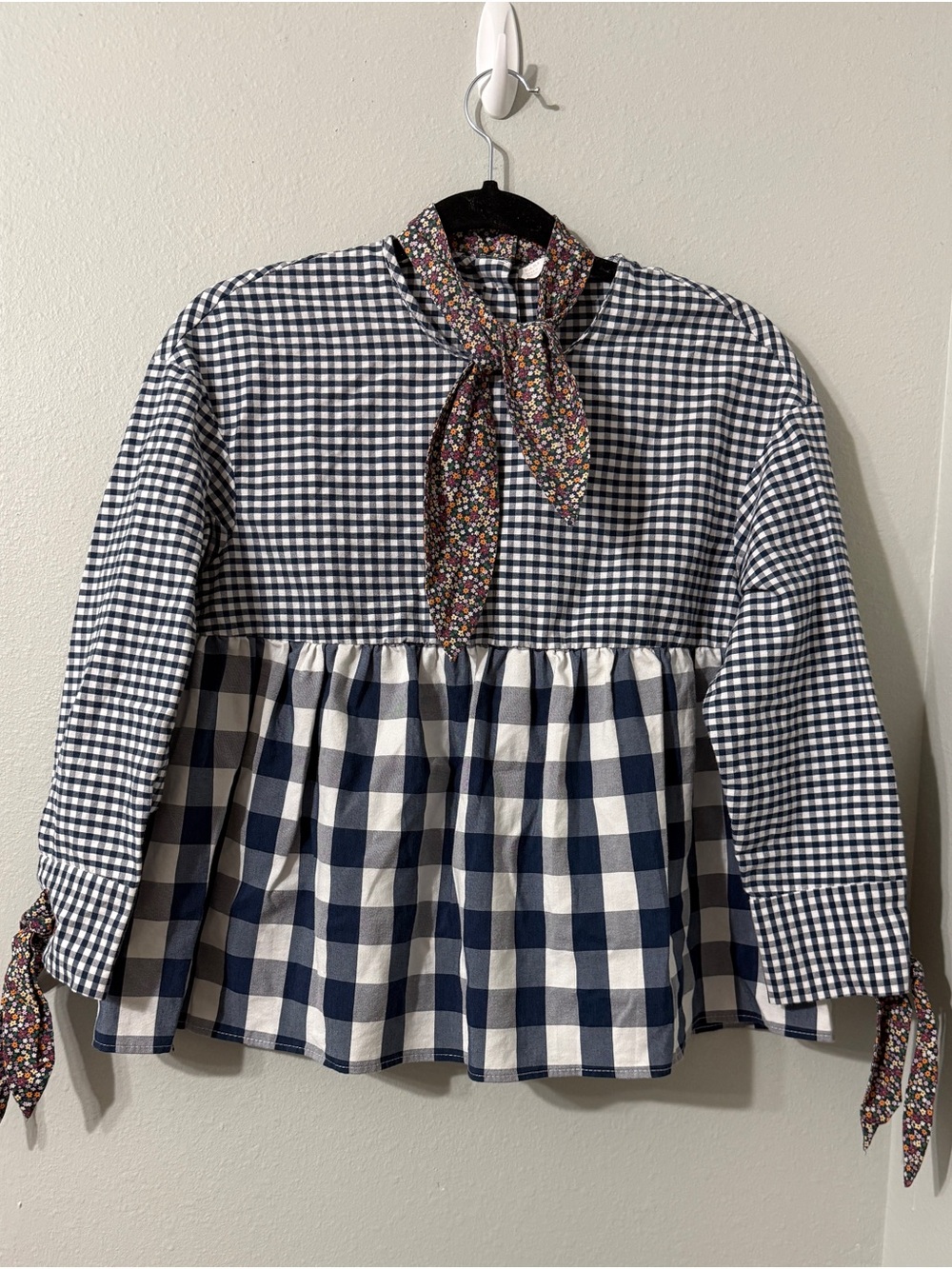ZARA Gingham Patchwork Ascot Accent Button Up Back Sleeve Ties Cute Top Blouse